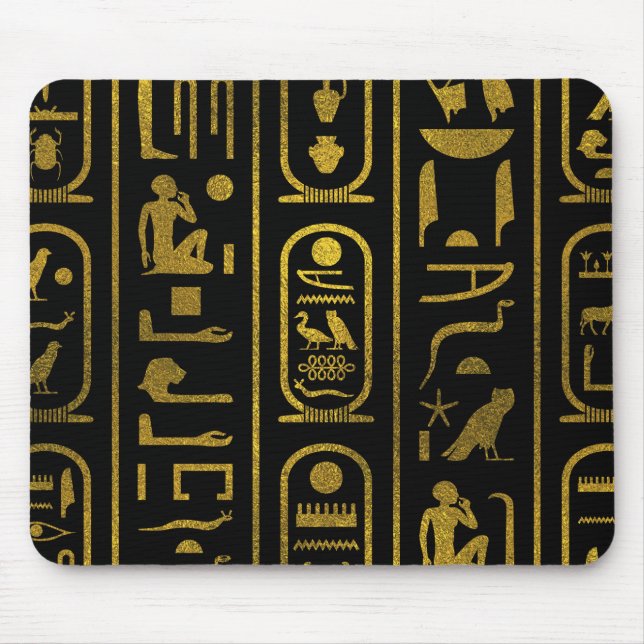 Tapis De Souris Hiéroglyphes antiques égyptiens d'or sur le noir (Devant)