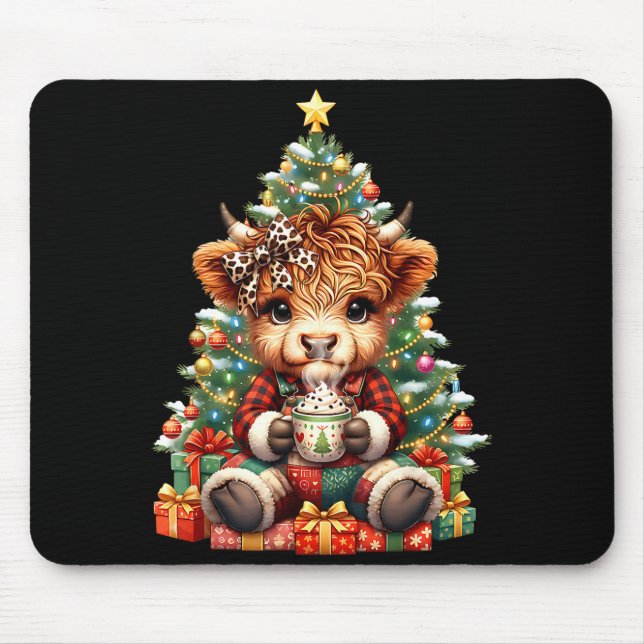 Tapis De Souris Highland Cow Christmas Tree Cute Heifer Cow Mooey  (Devant)