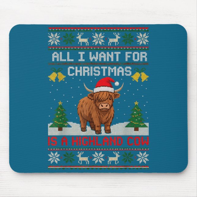 Tapis De Souris Highland Cow Christmas Ugly Sweater Style Festive  (Devant)