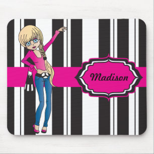 Tapis De Souris Hip Teen Girl with Black and White Stripes