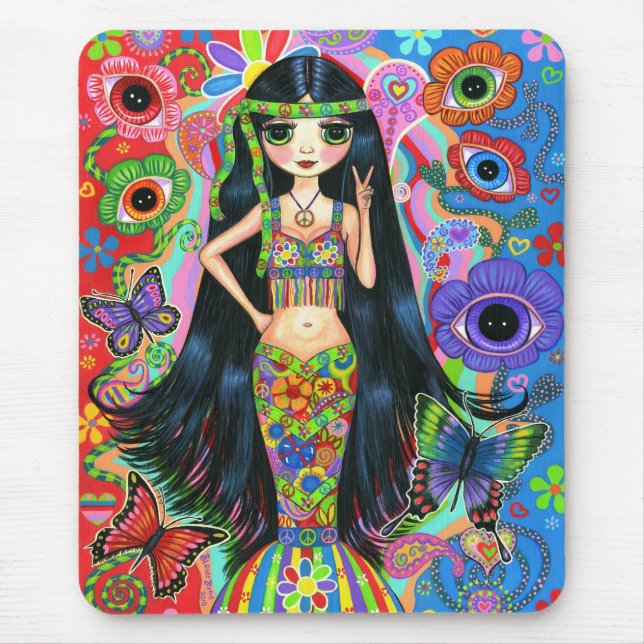 Tapis De Souris Hippie Fille Sirène Psychédélique Colorée Soixante (Devant)