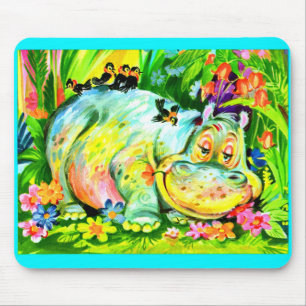 Tapis De Souris hippopotame et oiseaux aux couleurs vives