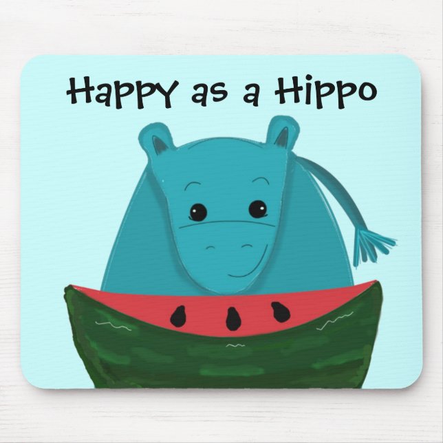 Tapis De Souris Hippopotame heureux avec tranche de pastèque (Devant)