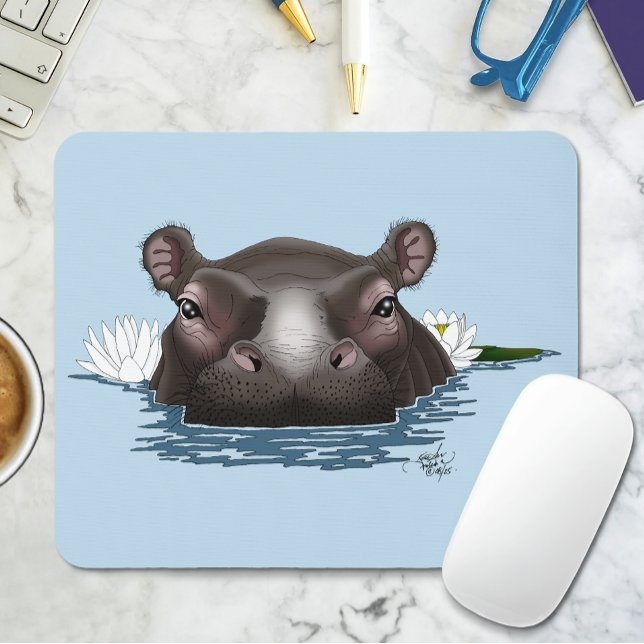 Tapis De Souris Hippopotame Lotus Blanc Bleu (Créateur téléchargé)