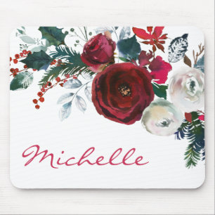 Tapis De Souris Hiver Burgundy Peony Rose Floral Pine Bouquet