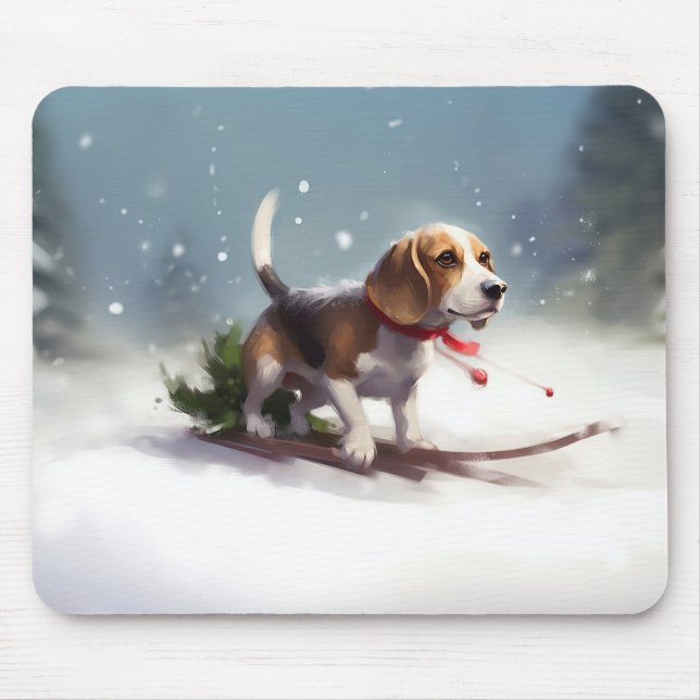 Tapis De Souris hiver de neige de Noël beagle (Devant)