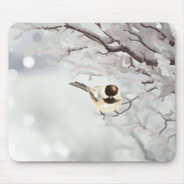 Tapis De Souris Hiver Frosty Tree Chickadee Bird Nom personnalisé (Devant)