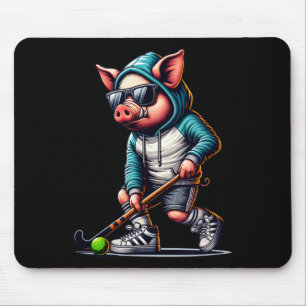 Tapis De Souris Hockey sur gazon Cochon en capuche avec bâton de l