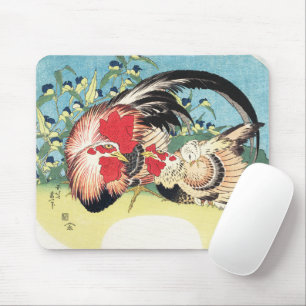 Tapis De Souris Hokusai Art Japonais Vintage Coq Poule Fleurs