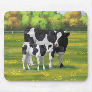 Tapis De Souris Holstein Cow & Cute Calf in Summer Pasture