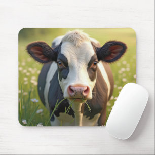 Tapis De Souris Holstein En Pâturage Vert Avec Marguerites