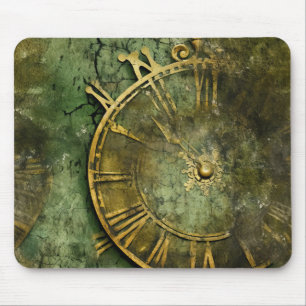 Tapis De Souris Horloge Ancienne engrenages Émeraude Steampunk