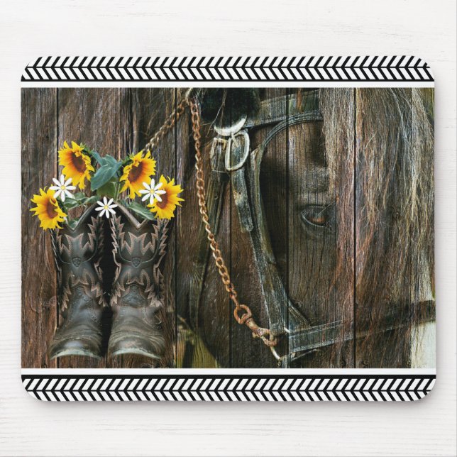 Tapis De Souris Horse Cowboy Boots Sunflowers Rustic Barque (Devant)