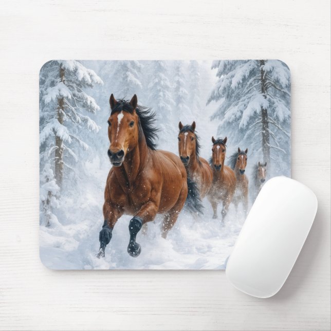 Tapis De Souris Horses Running Through a Snowy Forest (Avec souris)
