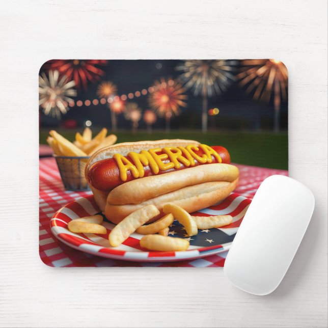 Tapis De Souris Hot Dog with America Text et Fireworks (Avec souris)