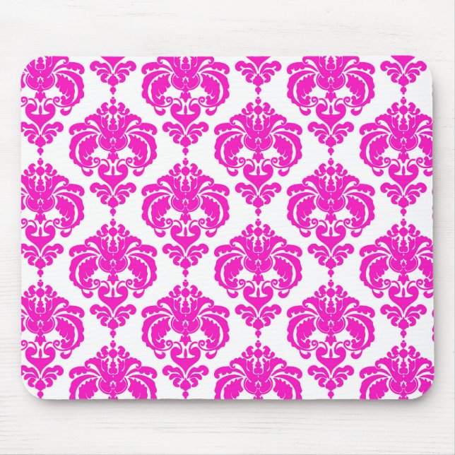 Tapis De Souris Hot rose blanc Damask Chic moderne élégant Motif (Devant)