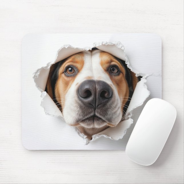 Tapis De Souris Hound Dog Peeking À Travers Torn Papier Trou (Avec souris)