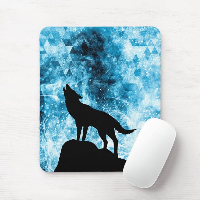 Tapis De Souris Howling Winter Wolf snowy blue smoke Abstract (Avec souris)
