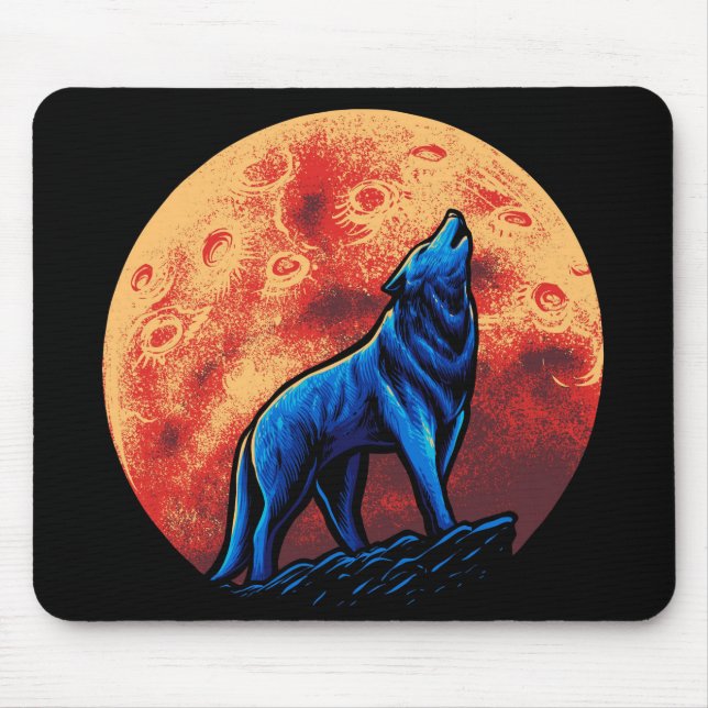 Tapis De Souris Howling Wolf and Blood Moon Mouse Pad (Devant)