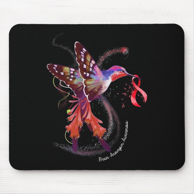 Tapis De Souris Hummingbird Holding Burgundy Ribbon Brain Aneurysm (Devant)