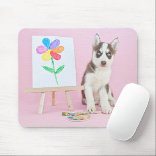 Tapis De Souris Husky Puppy Painting a Rainbow Flower
