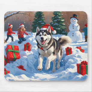 Tapis De Souris Husky sibérien courant dans la neige avec un chape