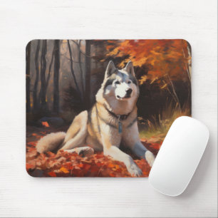 Tapis De Souris Husky sibérien dans les feuilles d'automne qui tom