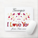 Tapis De Souris I LOVE YOU Red Heart Gold Ribbon Vintage Valentine<br><div class="desc">Striking ‘I Love You’ typography designed for you in ombre gold, red and purple. Above is an explosion of red and purple hearts and gold ribbon and stars above. Cute retro feel illustration incorporating a hand-lettered wording with a cool Seventies vibe and hand-drawn motifs. Great as a gift for Valentine’s...</div>