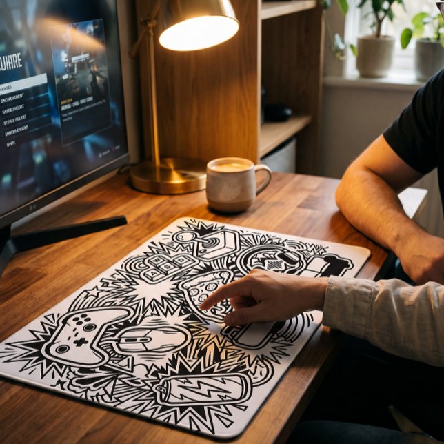 Tapis De Souris Icônes de jeu White Doodle (Créateur téléchargé)