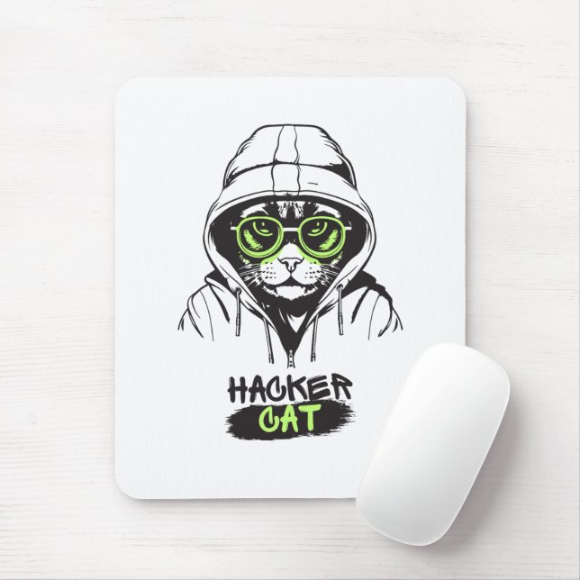 Tapis De Souris Illustration de chat hacker mignon – Cadeau de cyb (Avec souris)