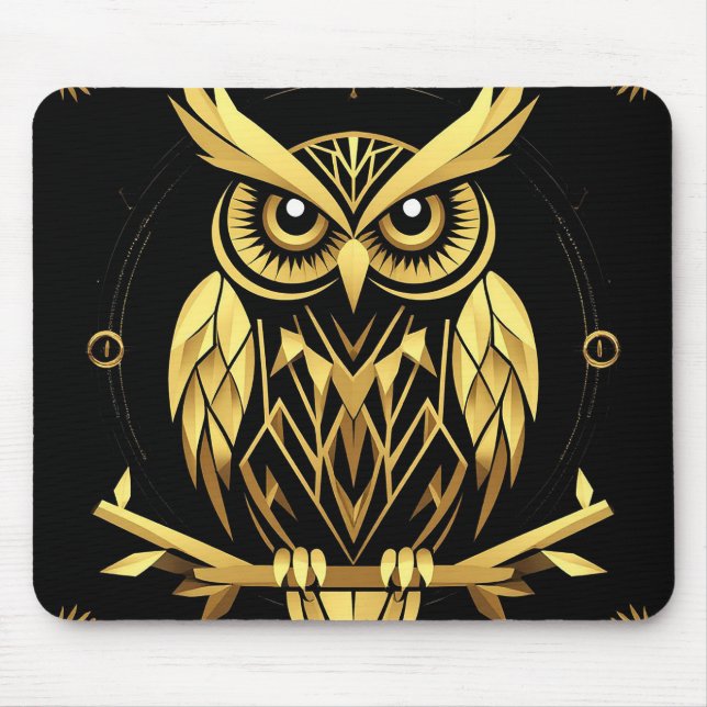 Tapis De Souris Illustration de chouette géométrique dorée (Devant)