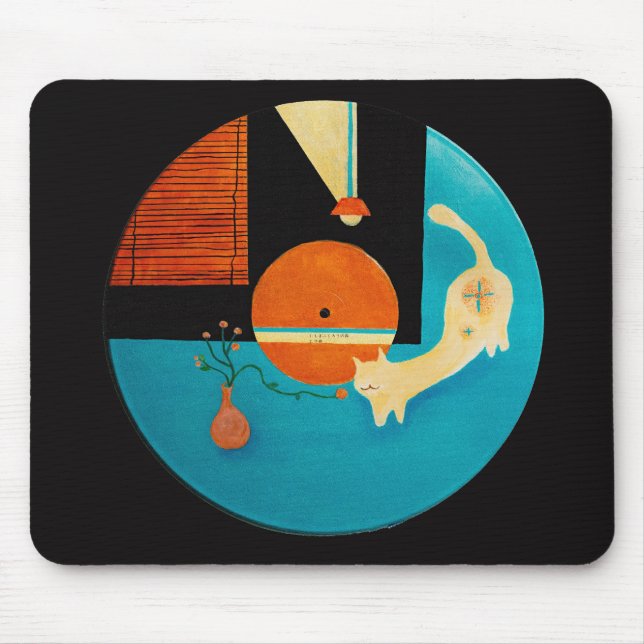 Tapis De Souris Illustration de disque rétro de chat qui s'étire (Devant)