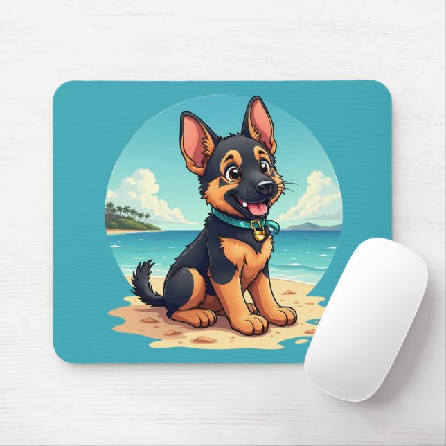 Tapis De Souris Illustration de la plage du Chiot-Puppy en berger  (Avec souris)
