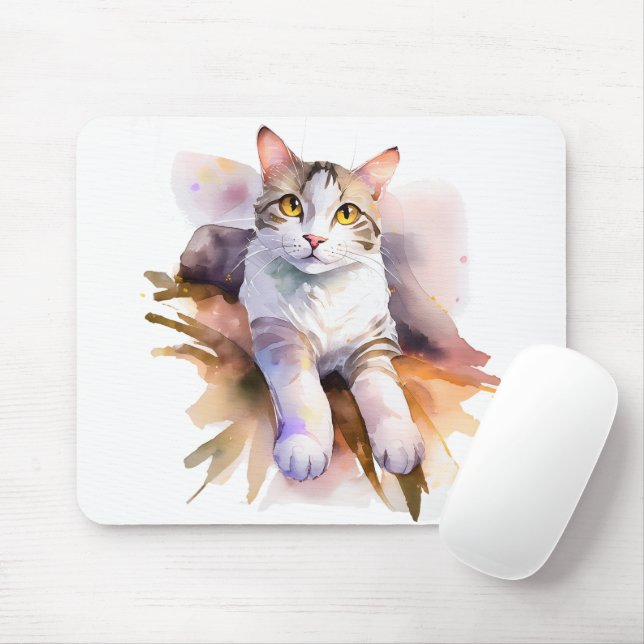 Tapis De Souris Illustration de l'aquarelle de chat blanc doux (Avec souris)