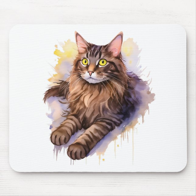 Tapis De Souris Illustration de l'aquarelle de chat Tabby long (Devant)