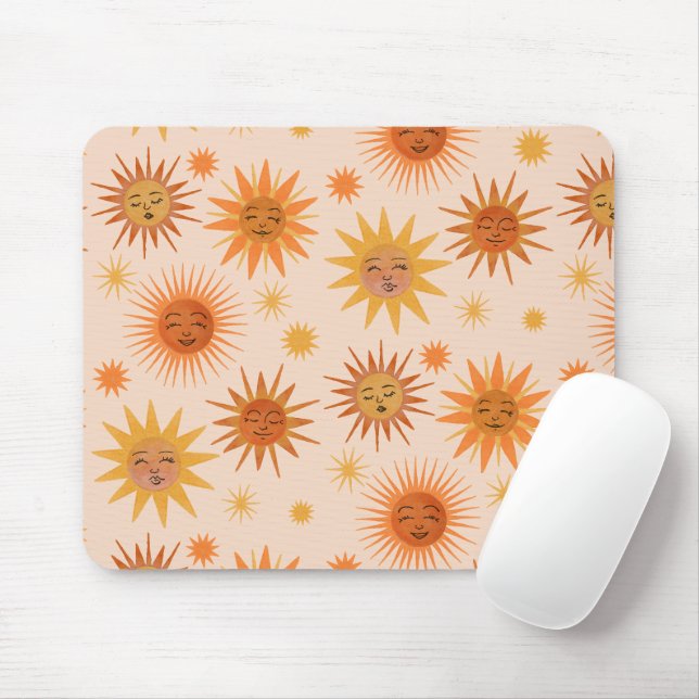 Tapis De Souris Illustration de l'aquarelle orange Sun Face (Avec souris)
