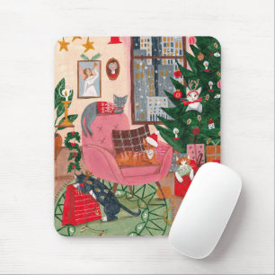 Tapis De Souris Illustration de Noël du chat rose mou
