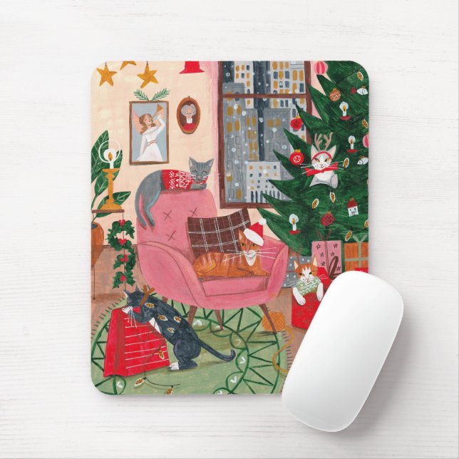 Tapis De Souris Illustration de Noël du chat rose mou (Avec souris)