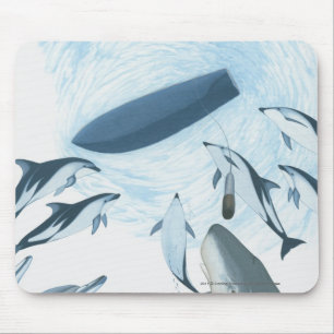 Tapis De Souris Illustration des dauphins regardant un bateau