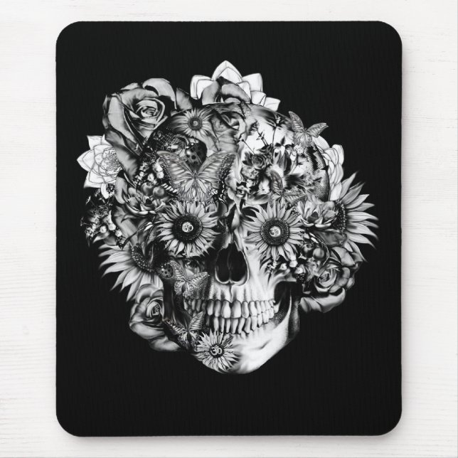 Tapis De Souris Illustration florale de crâne d'ohm de papillon (Devant)