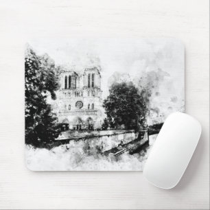Tapis De Souris Illustration monochrome de la cathédrale Notre-Dam