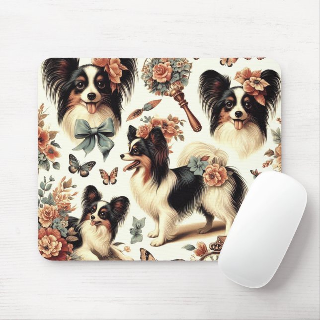 Tapis De Souris Illustration Vintage de chien Papillon (Avec souris)