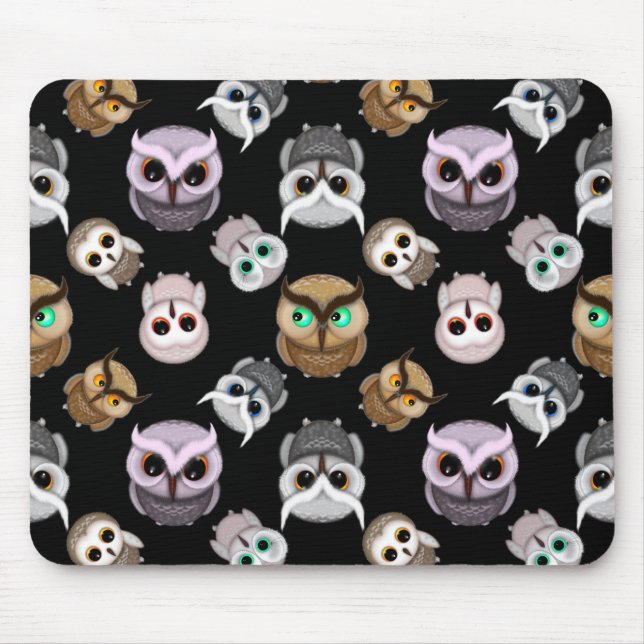 Tapis De Souris Illustrations de chouette mignonne sur fond noir (Devant)