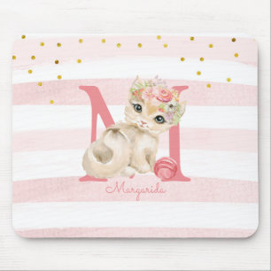 Tapis De Souris Image de chat mignonne Blancs roses rayures Enfant