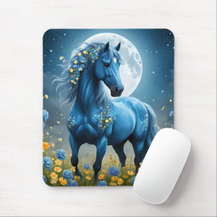Tapis De Souris Imaginaire Bleu Magique Cheval Lune Fleurs,