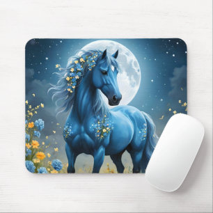 Tapis De Souris Imaginaire Bleu Magique Cheval Lune Fleurs,