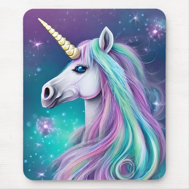 Tapis De Souris Imaginaire Unicorne avec cheveux bleu et rose (Devant)
