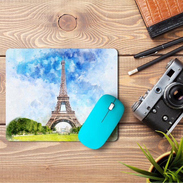Tapis De Souris Impression aquarelle de la Tour Eiffel Paris paysa (Eiffel Tower Watercolor Paris Skyline Art Print. Mouse Pad)