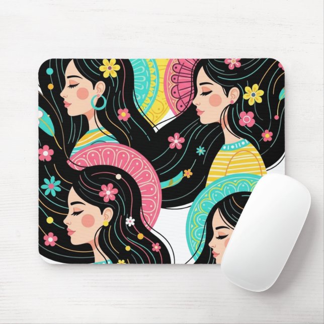 Tapis De Souris Impression d'art d'illustration de femmes bohèmes  (Avec souris)