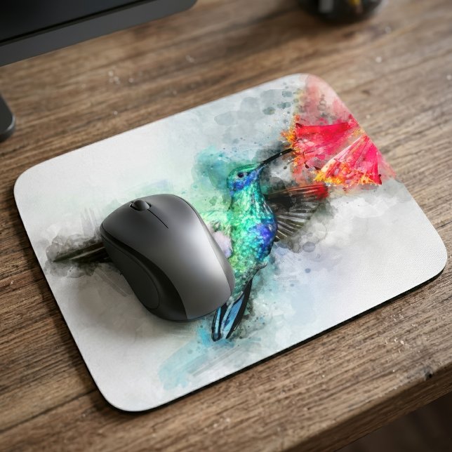 Tapis De Souris Impression d'art floral à l'aquarelle représentant (Vibrant Hummingbird Watercolor Floral Art Print. Mouse Pad)